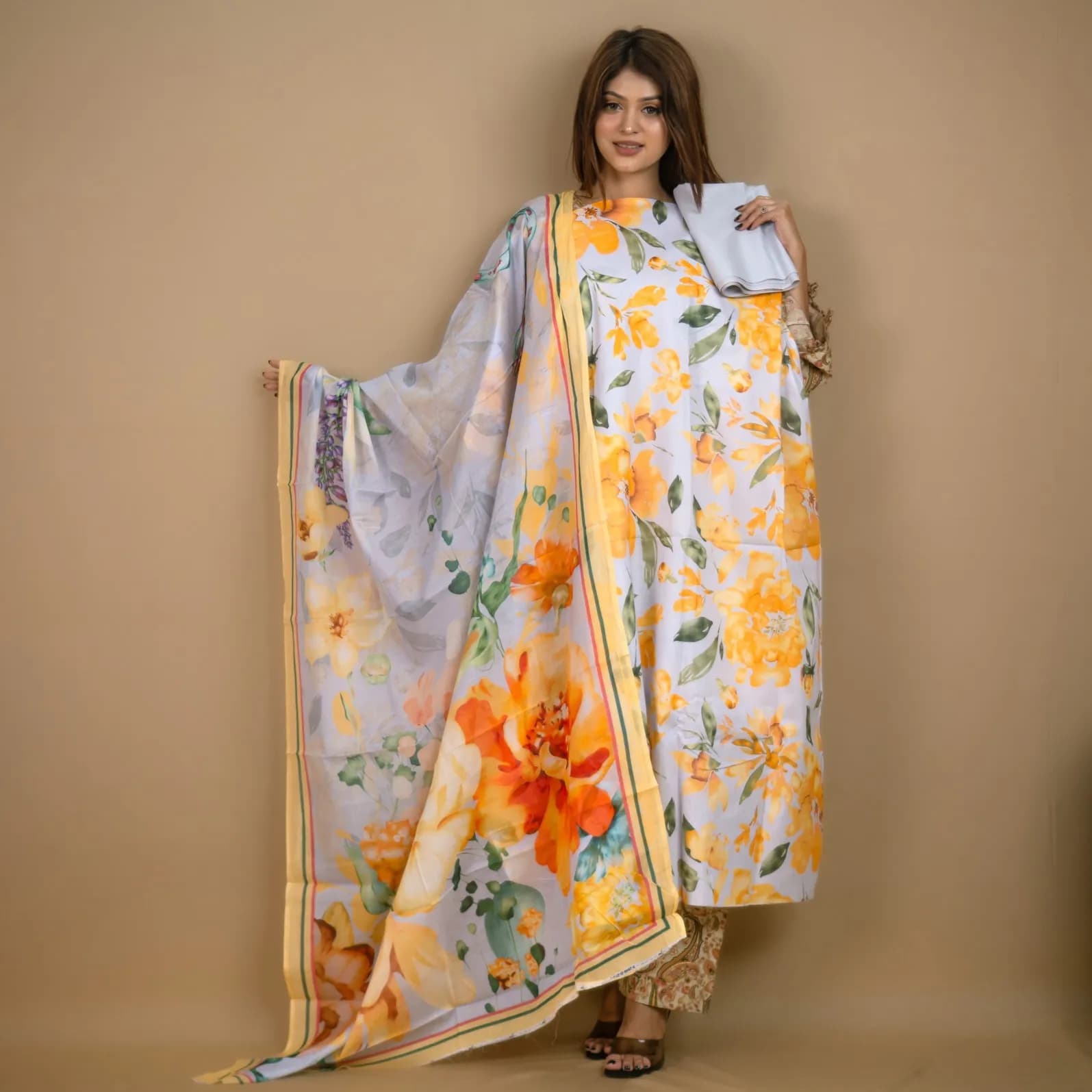Lavender Yellow Unstitch Printed Cotton Salwar Kameez C-11902