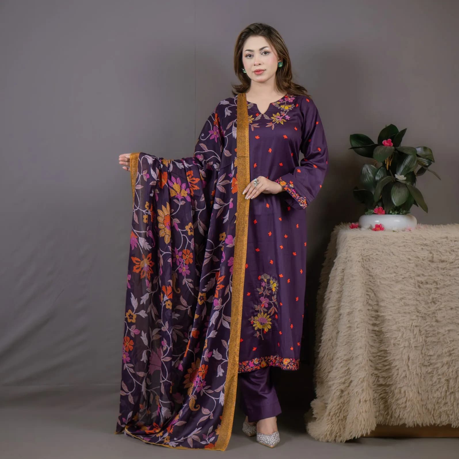 Purple Stitch Unstitch Embroidered Printed Cotton Silk Salwar Kameez C-8375