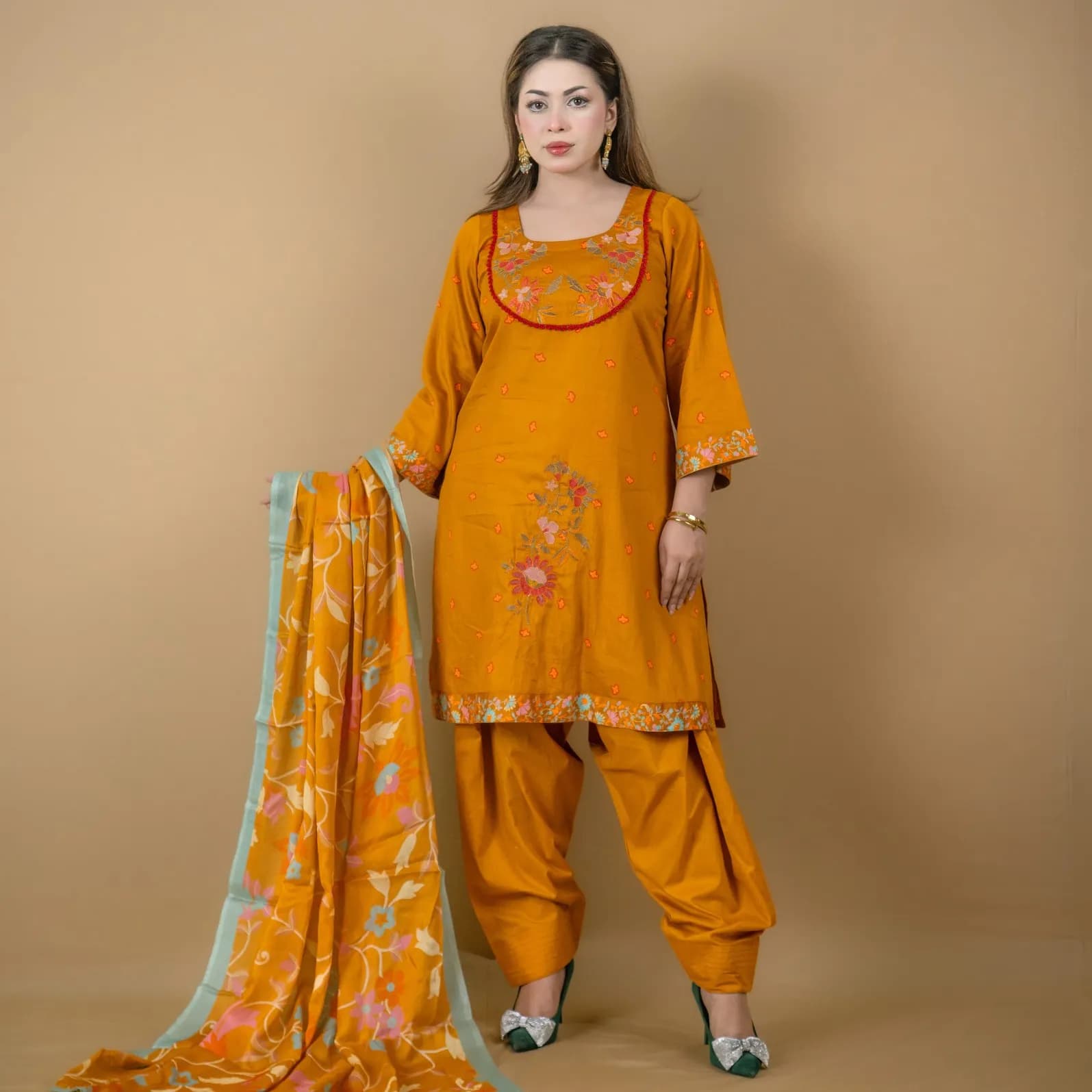 Mustard Yellow Embroidered Printed Satin Cotton Salwar Kameez (Stitched/Unstitched) – C-11912