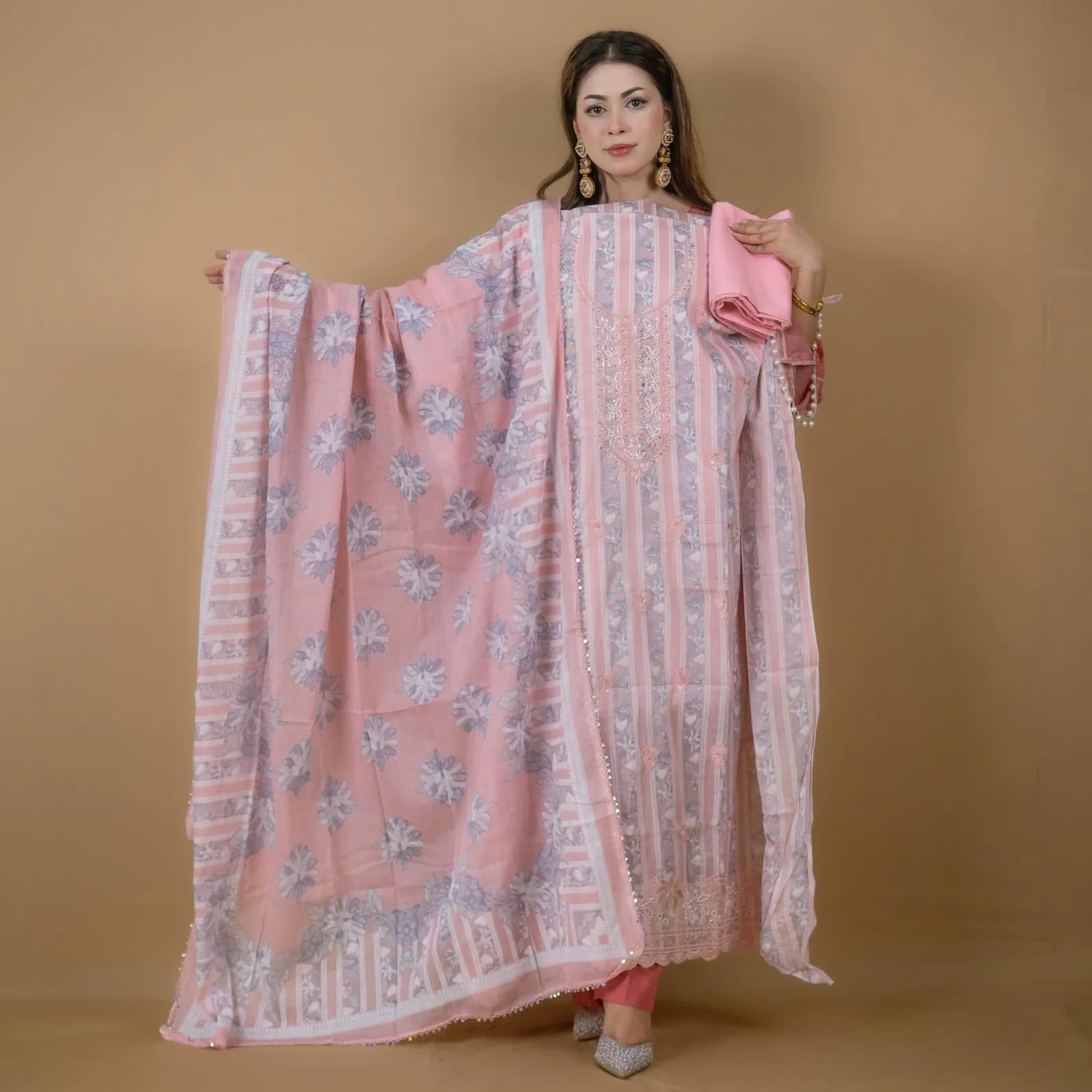 Pink Unstitch Embroidered Printed Cotton Salwar Kameez C-11930