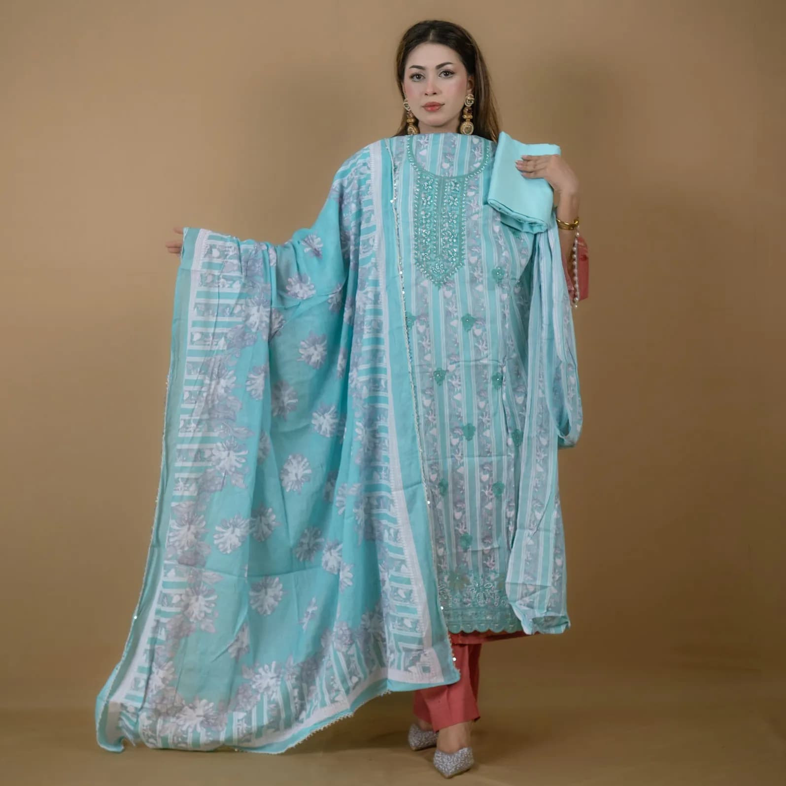 Sky Blue Unstitch Embroidered Printed Cotton Salwar Kameez C-11928