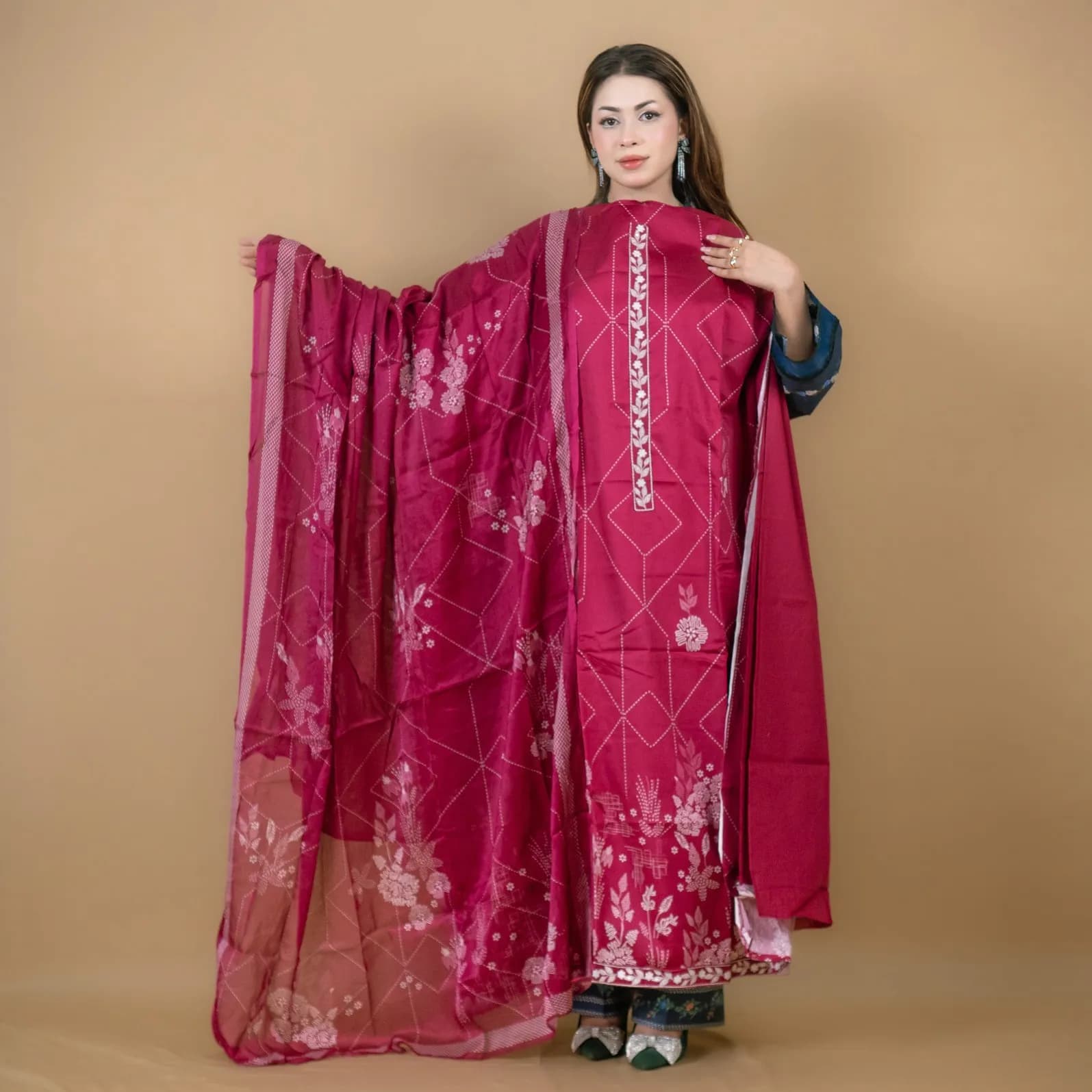 Burgundy Unstitch Embroidered Printed Cotton Silk Blend Salwar Kameez C-11946