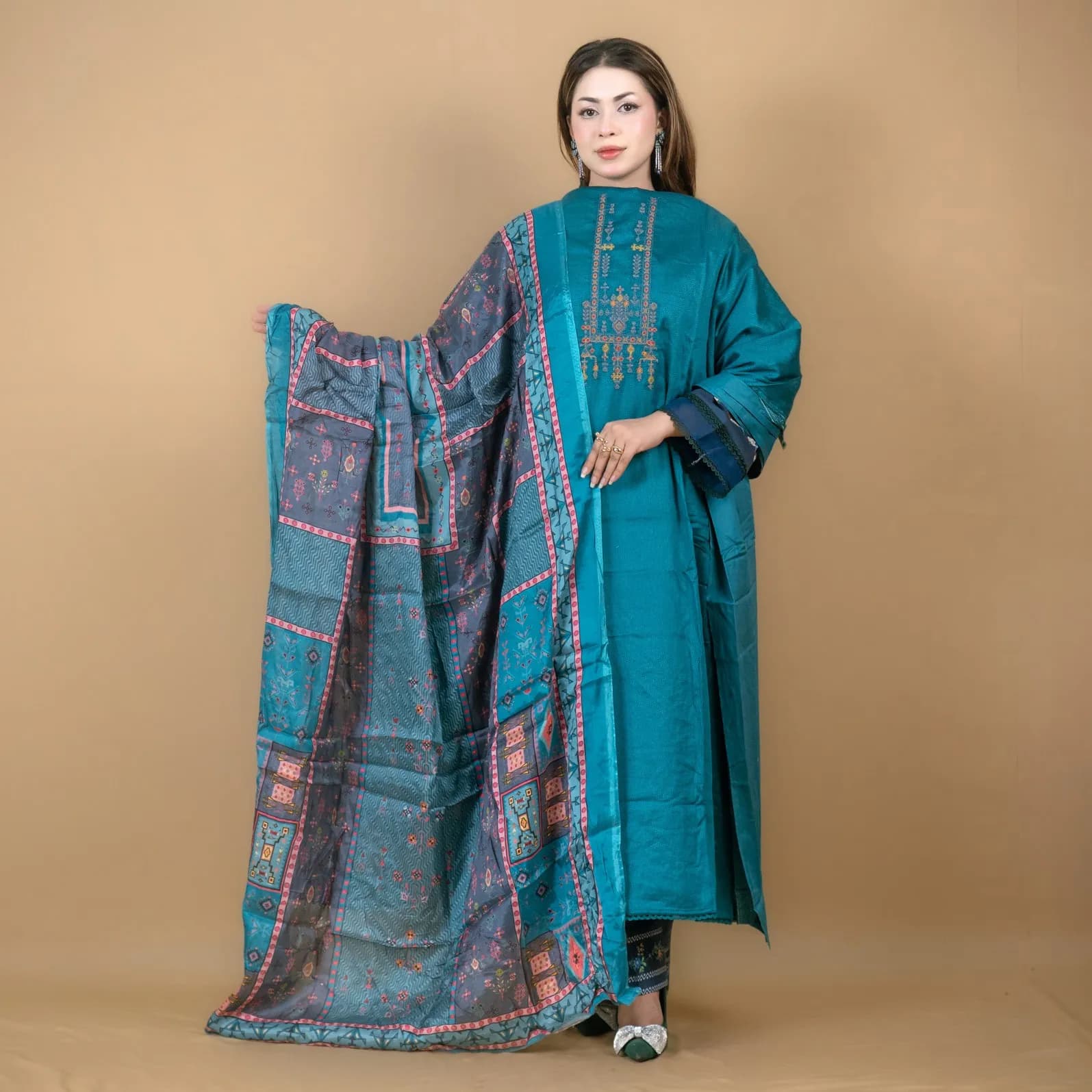 Teal Unstitch Embroidered Printed Cotton Silk Blend Salwar Kameez C-11968