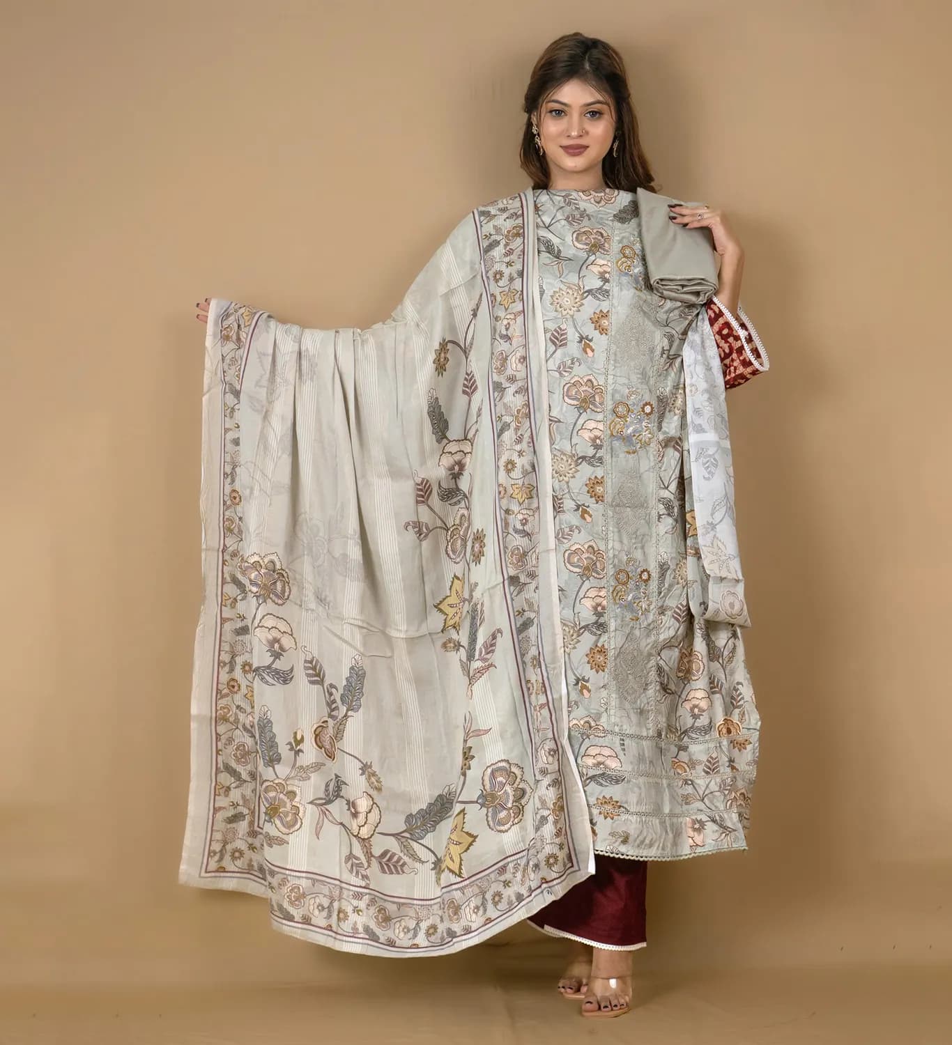 Ash Unstitch Embroidered Printed Silk Salwar Kameez C-11942