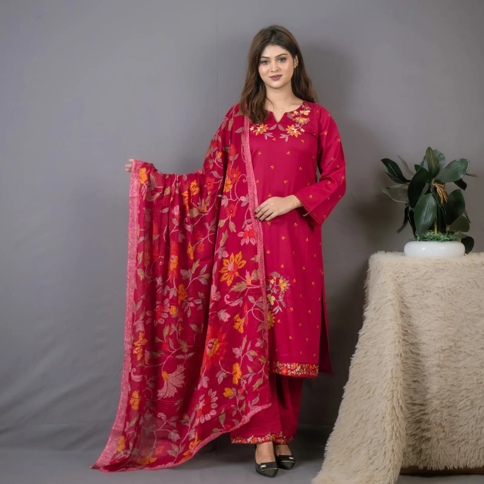 Burgundy Embroidered Printed Cotton Silk Salwar Kameez (Stitched/Unstitched) – C-8376