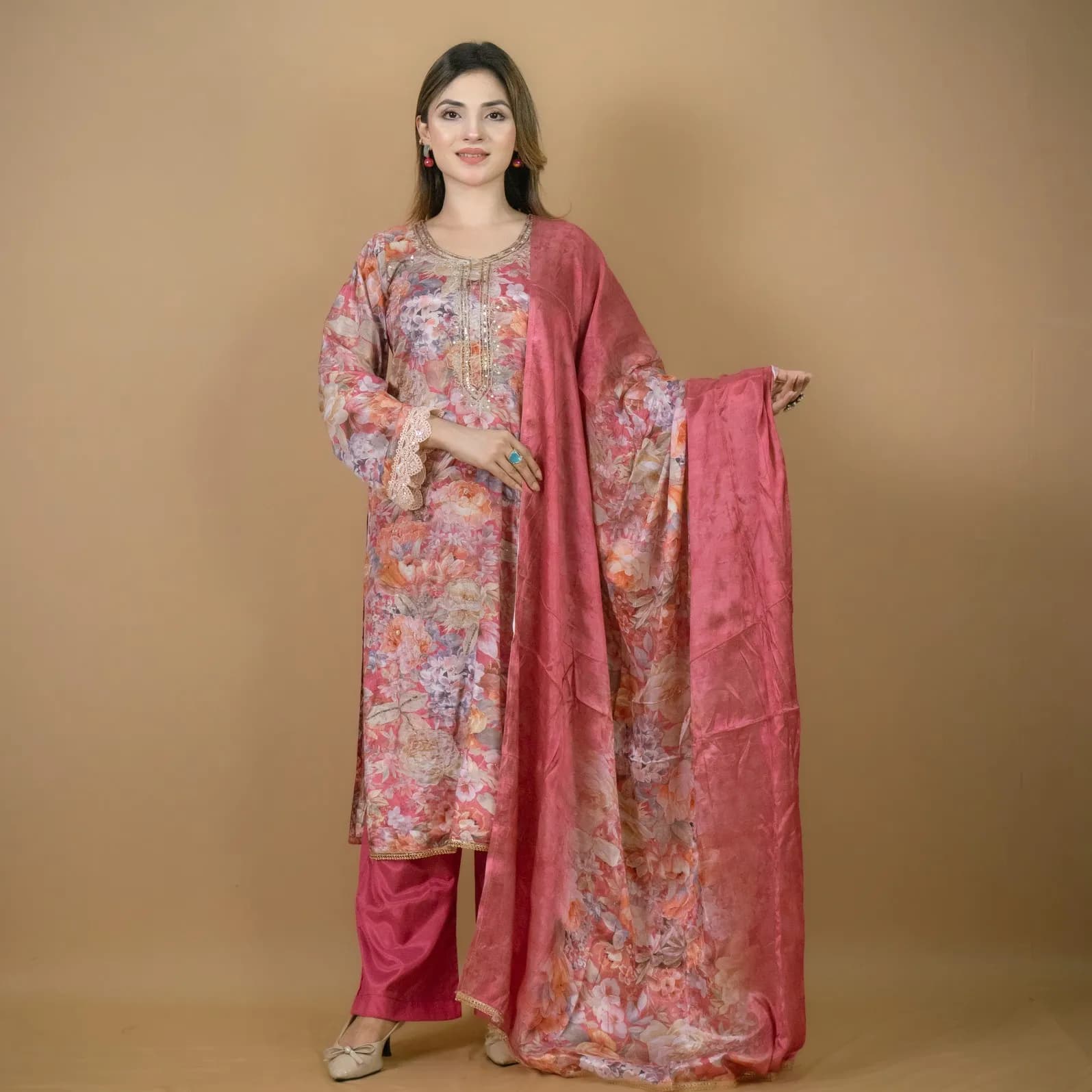 Onion Pink Embroidered Printed Silk Salwar Kameez – C-12038/ Stitching Available