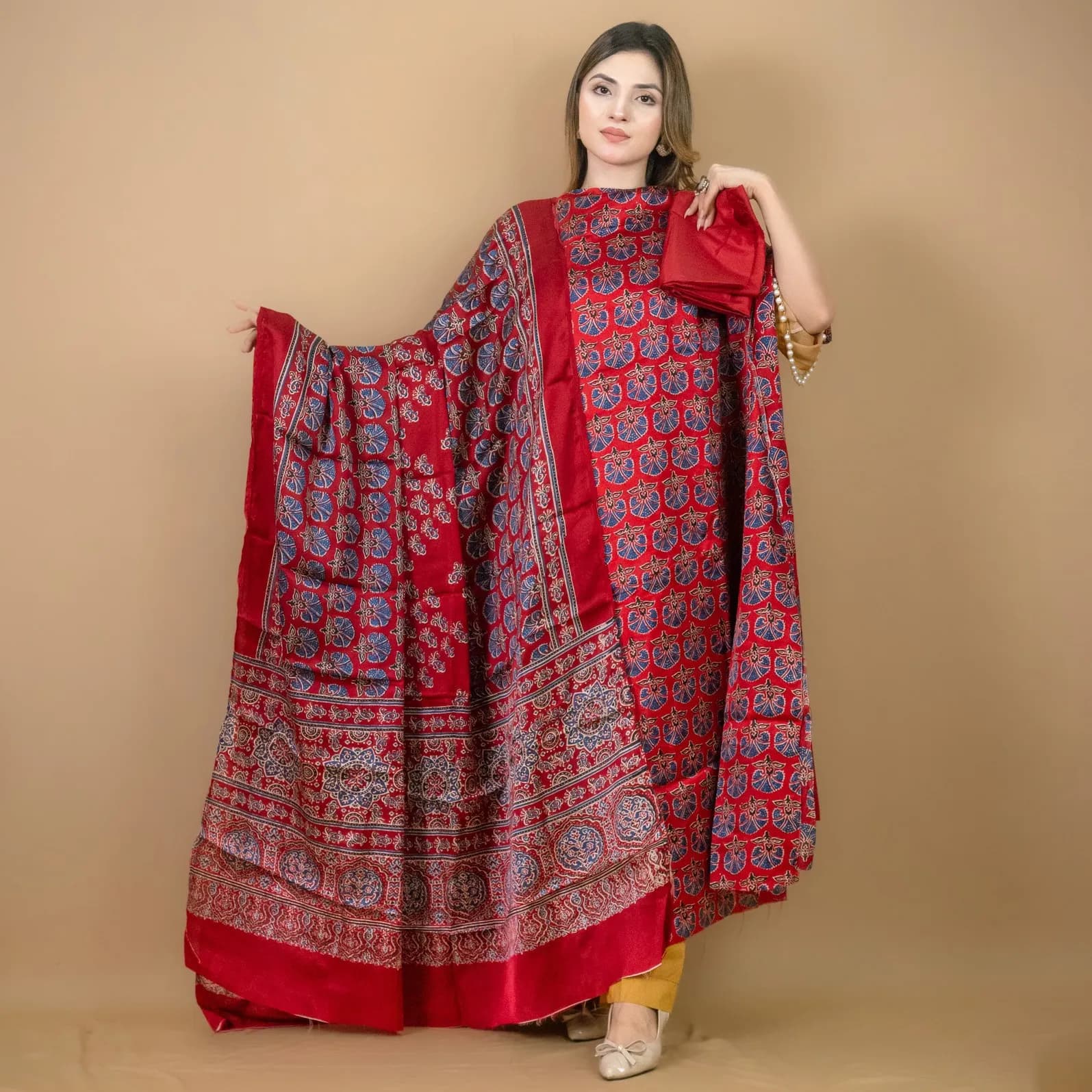 Red Unstitch Printed Silk Salwar Kameez C-12048