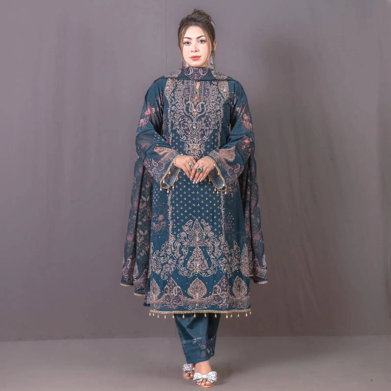 Teal Stitch Unstitch Embroidered Printed Georgette Salwar Kameez C-12091