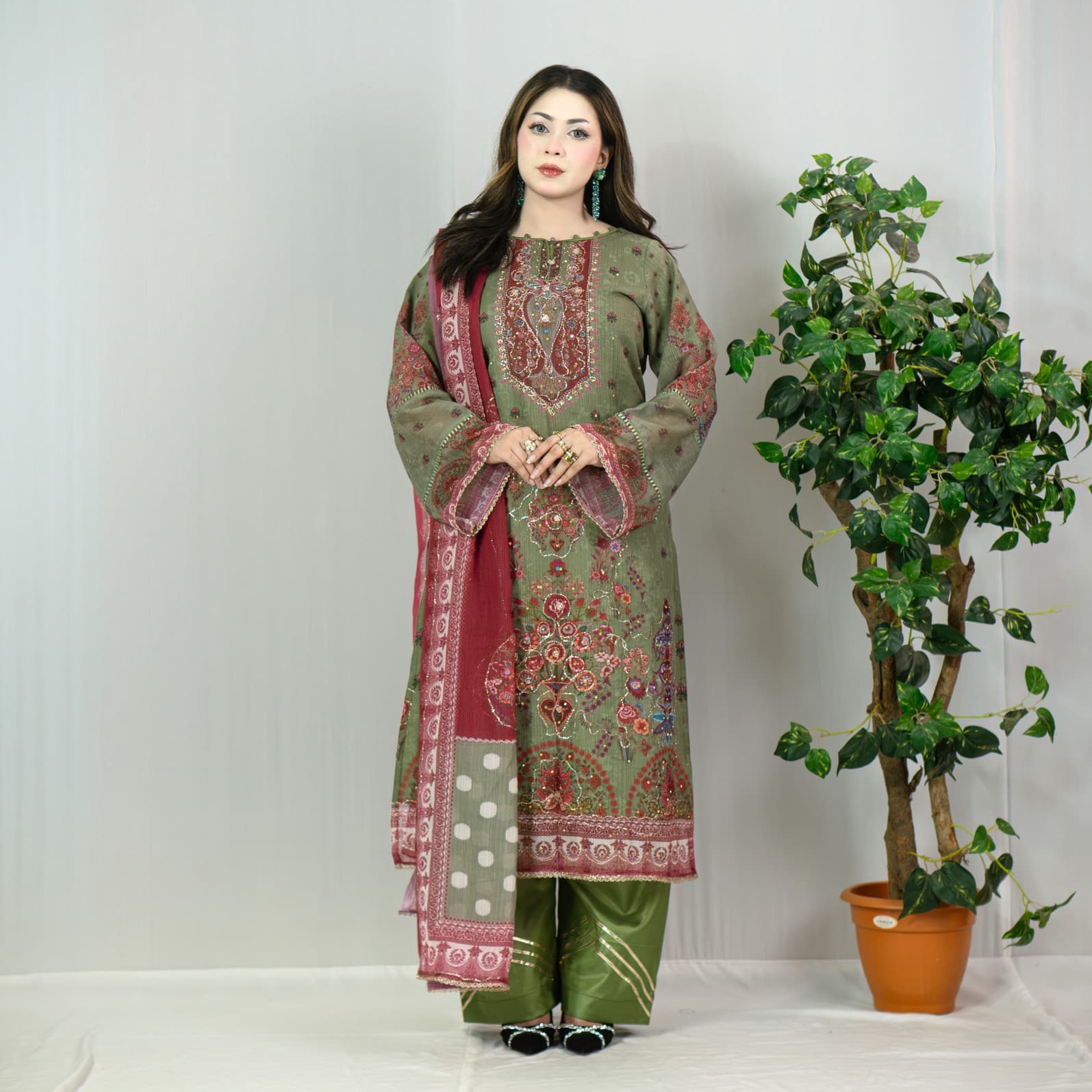 Olive Printed Georgette Salwar Kameez –C-12263 Stitching Available