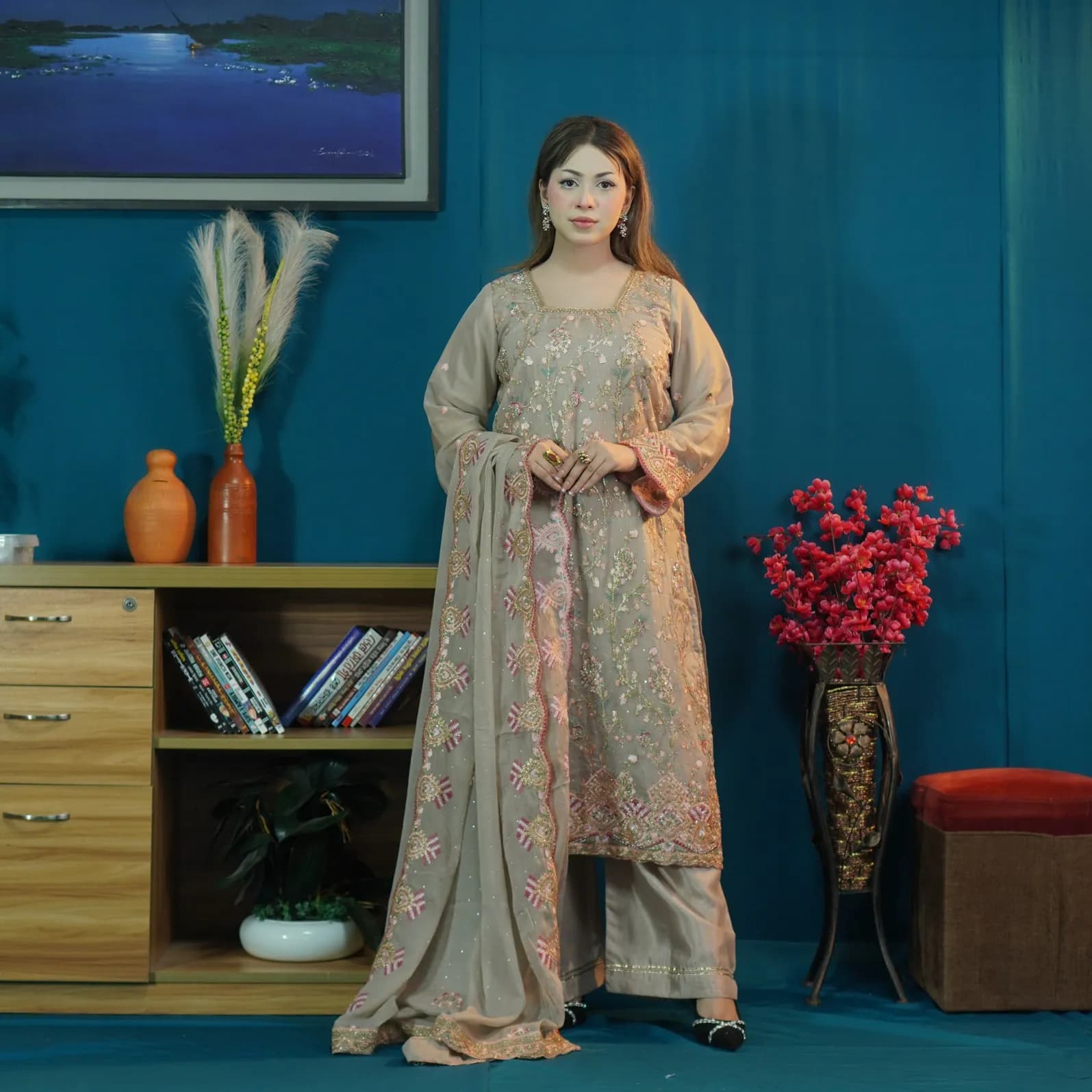 Rose Gold Embroidered Salwar Kameez -C-12592 Stitching Available