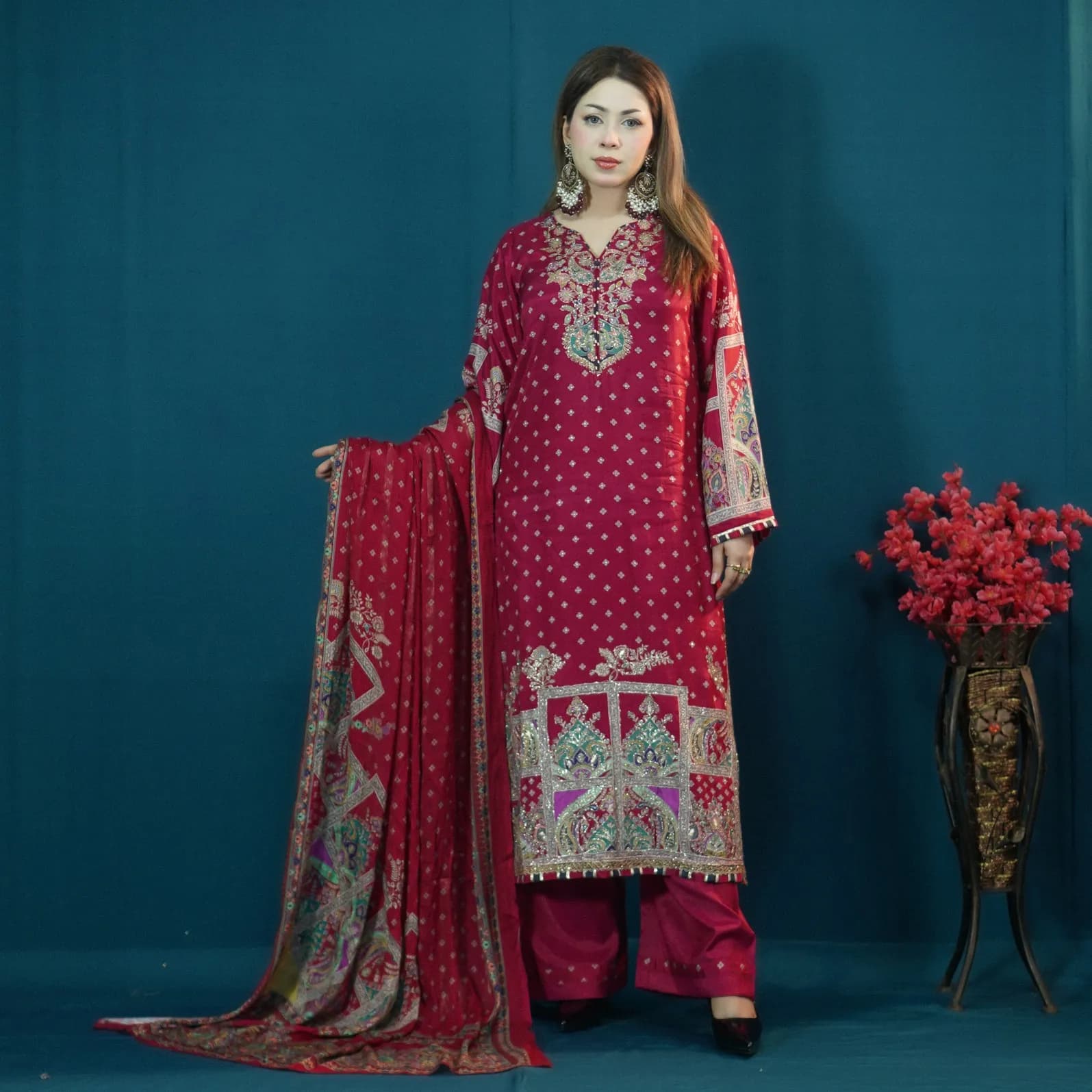 Maroon Printed Silk Salwar Kameez –C-12609 Stitching Available