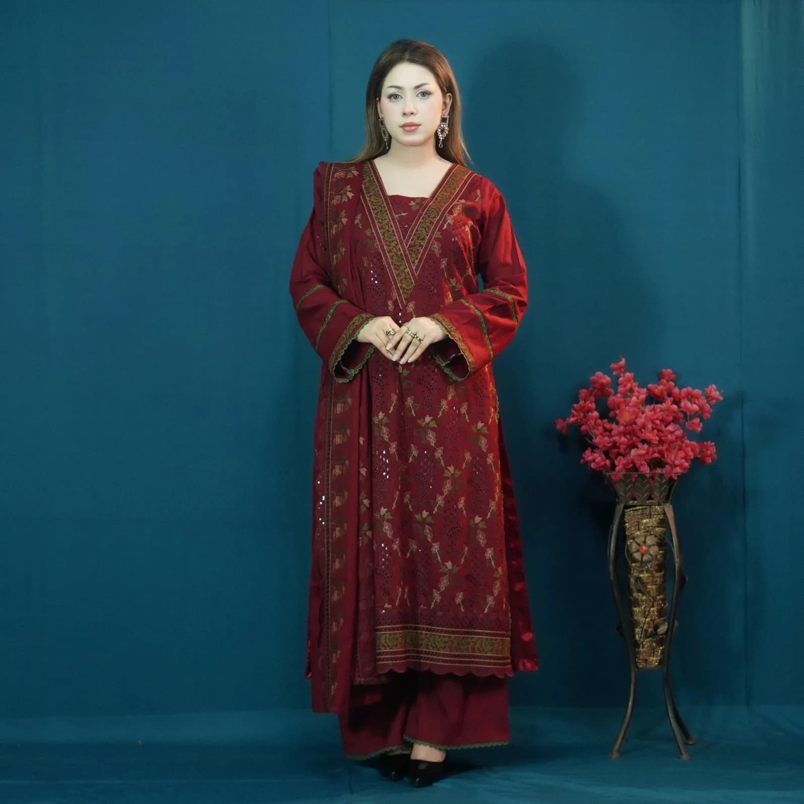 Maroon Embroidered Cotton Salwar Kameez –C-12622 Stitching Available