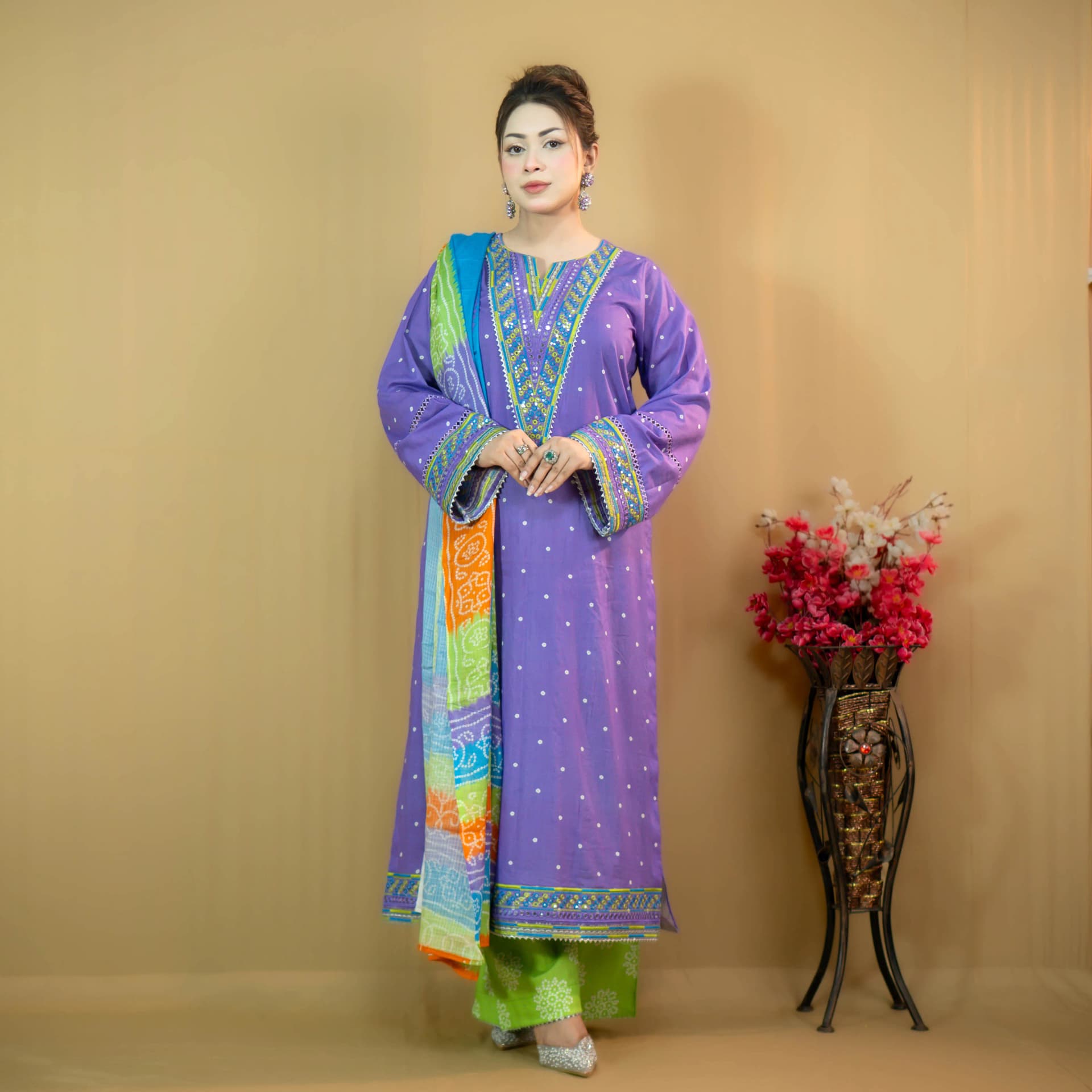 Purple Printed Fine Cotton Salwar Kameez –C-12699 Stitching Available