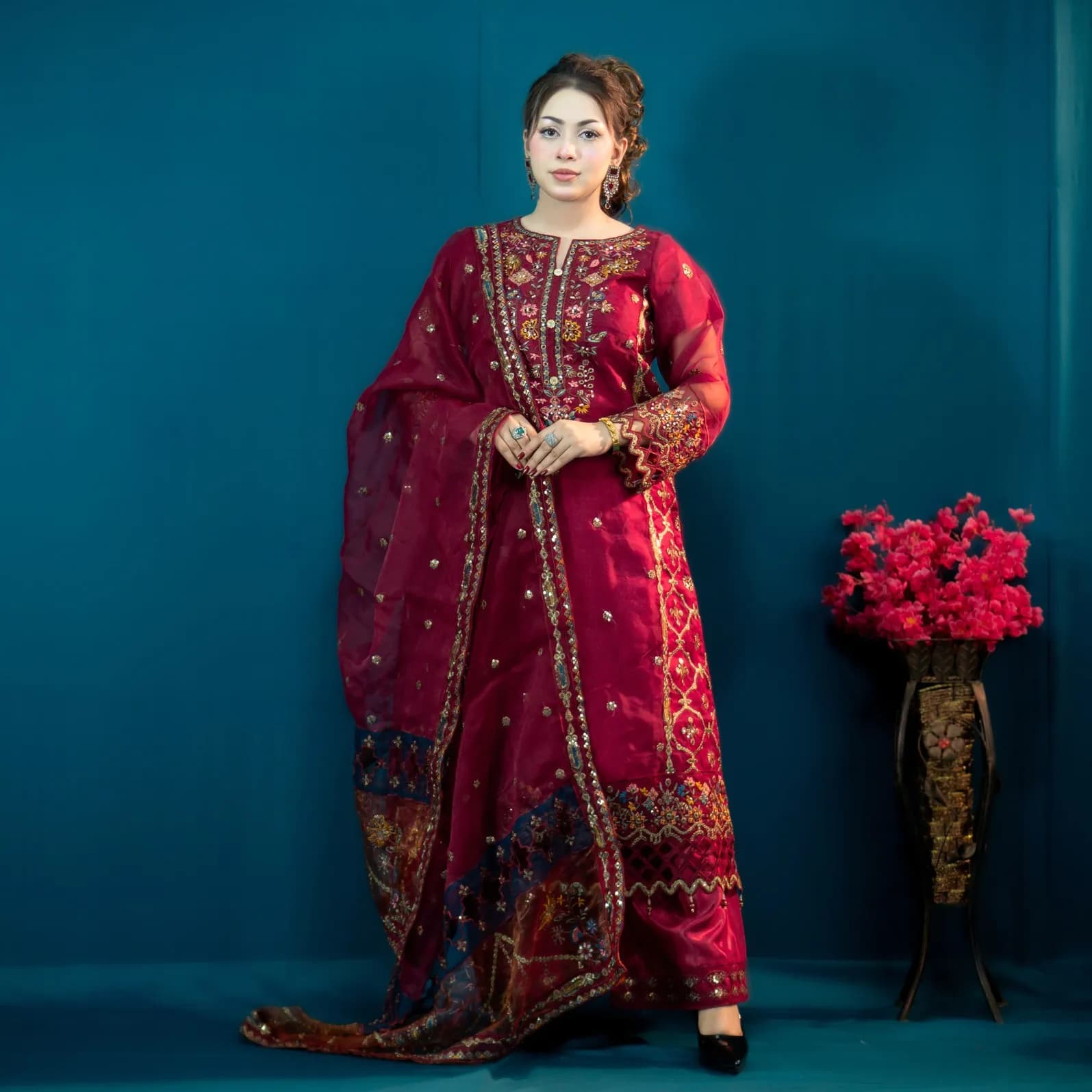Red Royal Organza Palazzo Set - C-12656 Only Stitching Available