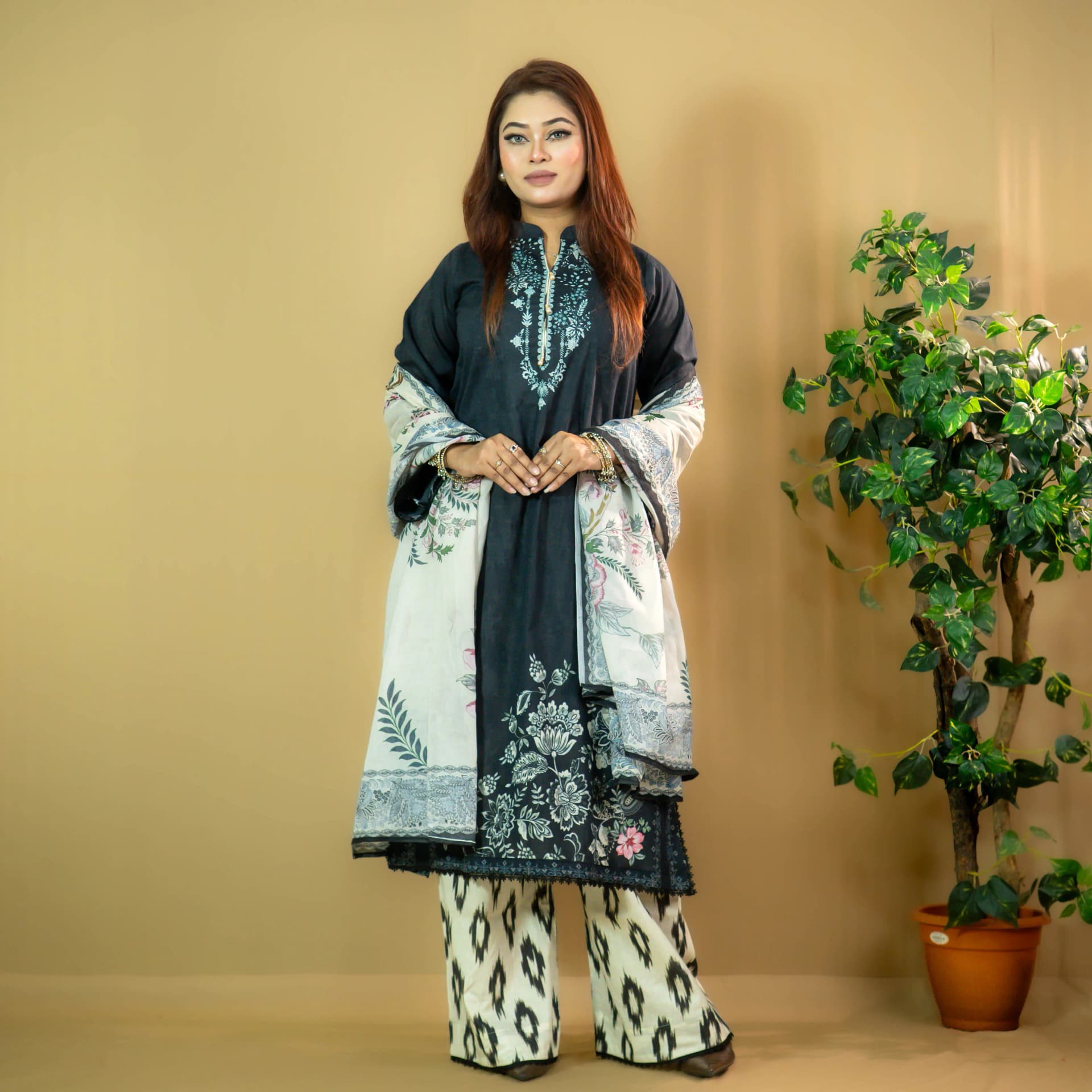 Black Fine Cotton Palazzo Salwar Kameez - C-12769 Stitching Available