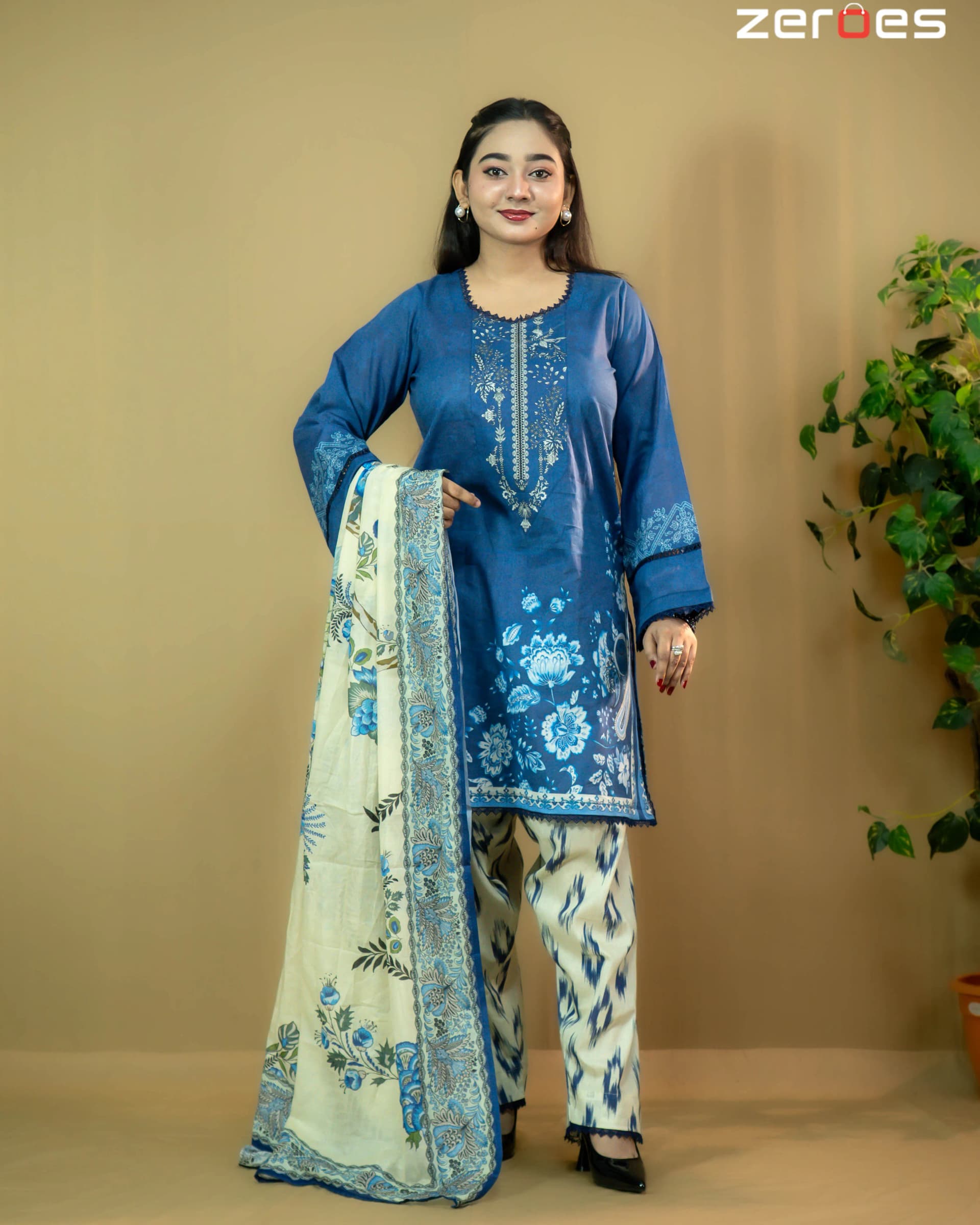 Blue Fine Cotton Semi Farsi Salwar Kameez - C-12757 Stitching Available