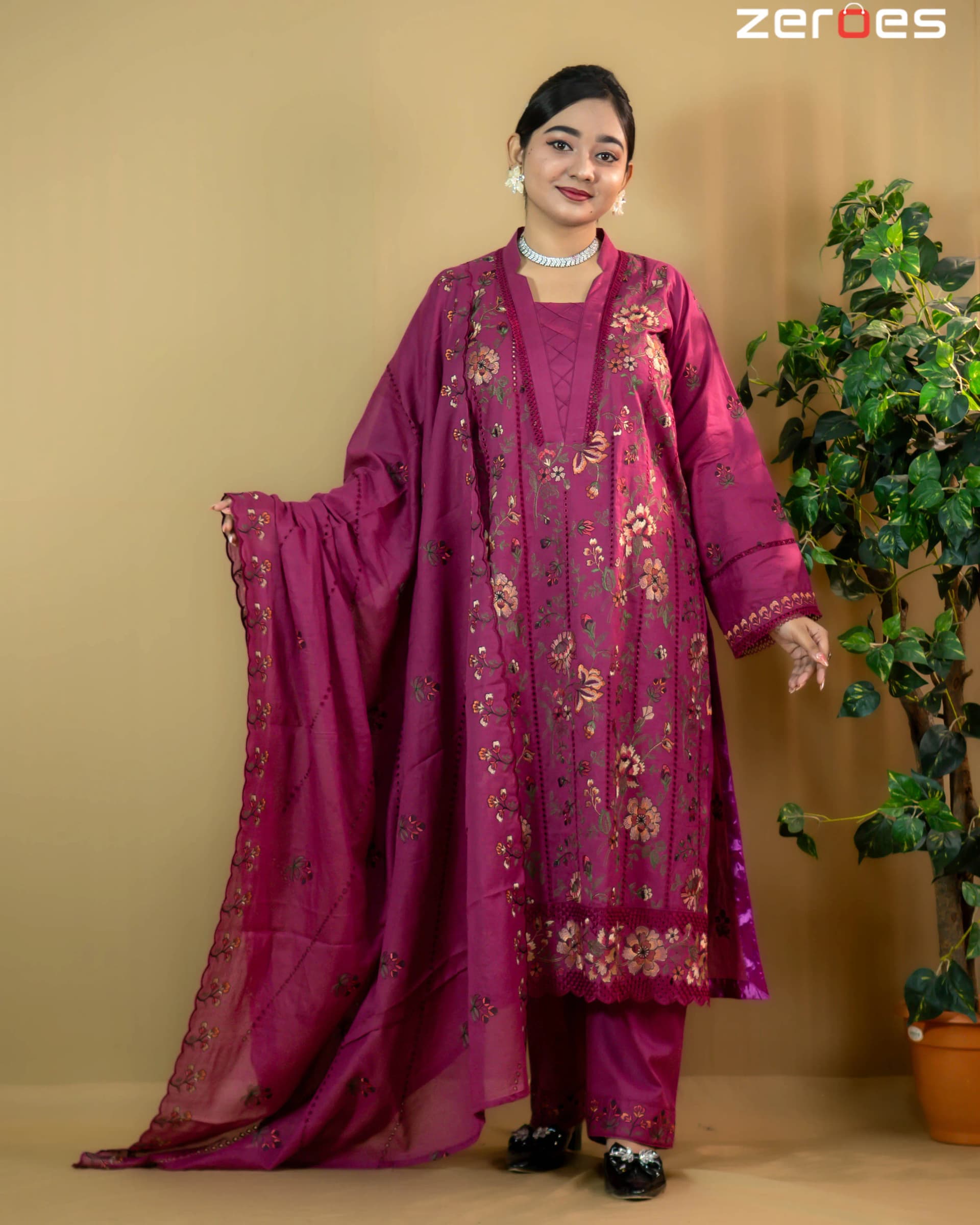 Wine Cotton Palazzo Salwar Kameez - C-12764 Stitching Available