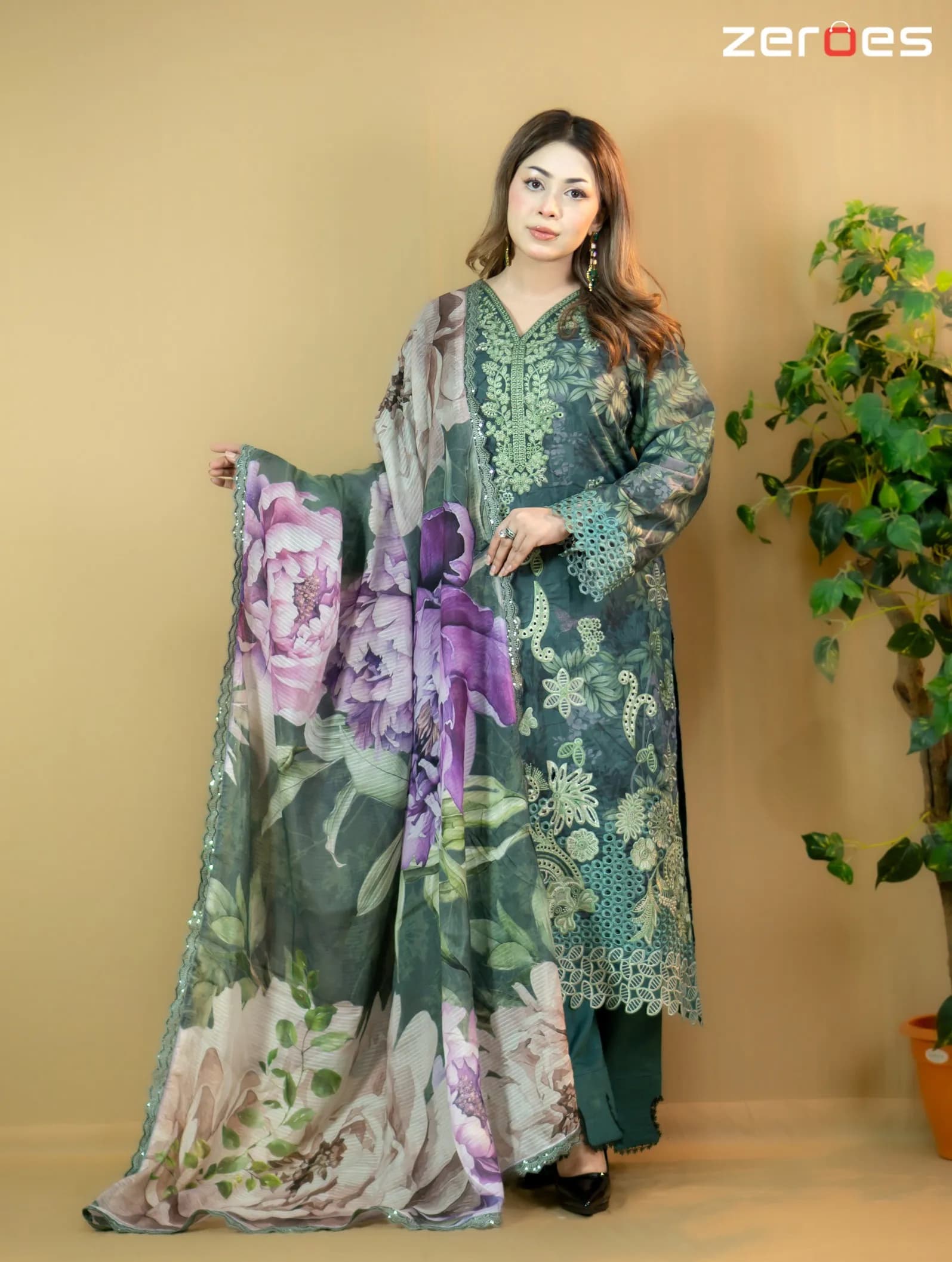 Green Ultra Fine Lawn Palazzo Set - C-12681 Stitching Available
