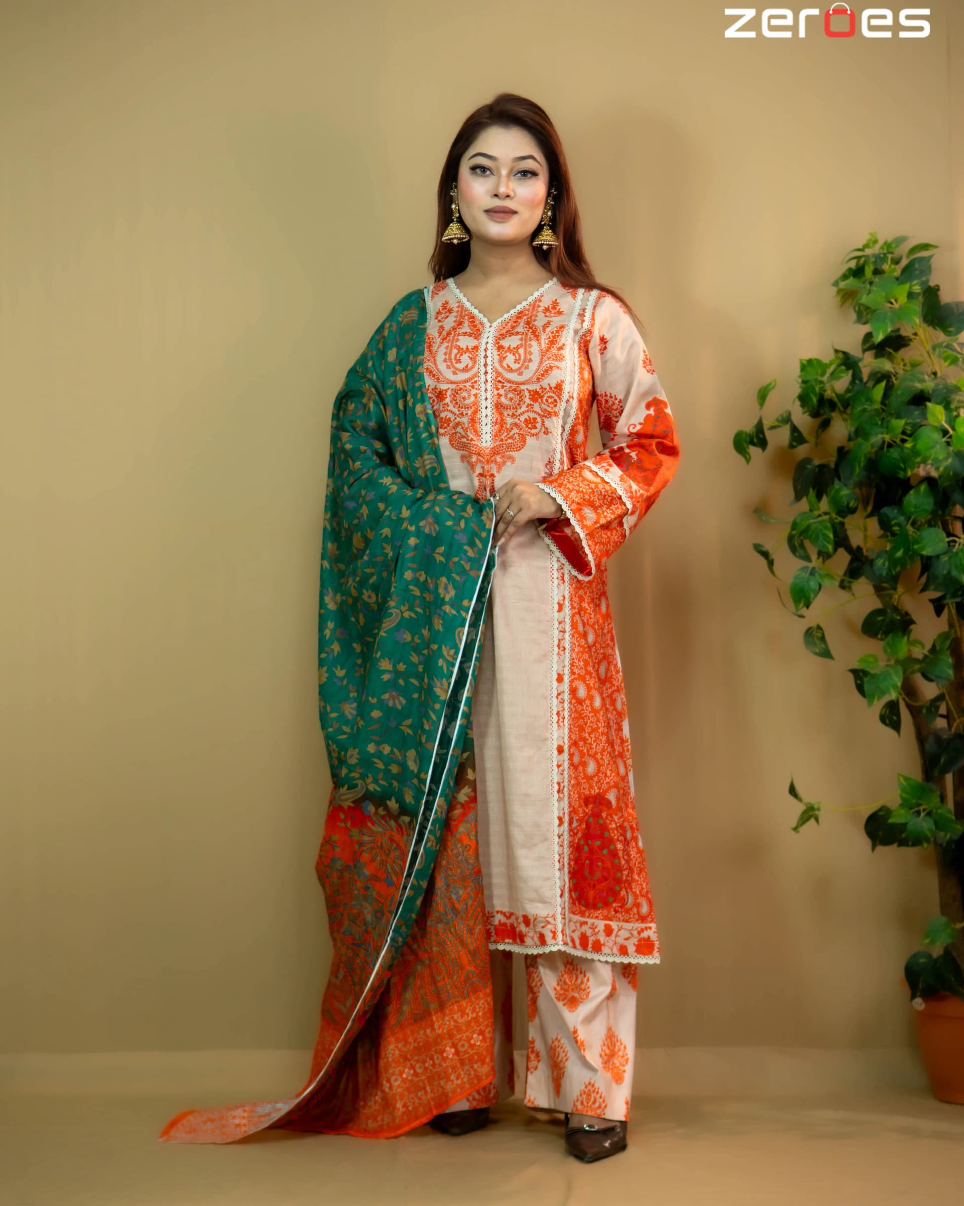 Orange Slub Cotton Printed Salwar Kameez - C-12672 Stitching Available